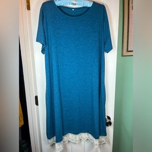 Blue Tee Shirt Dress with white lace hem size XXL